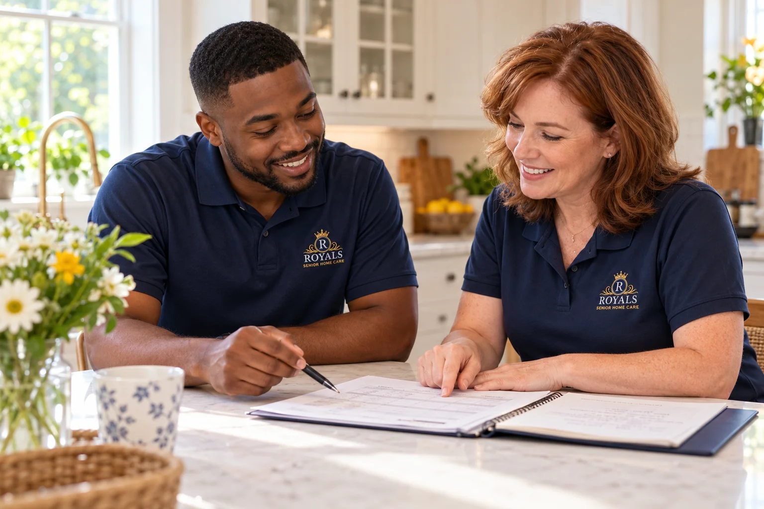 Two caregivers reviewing a visit plan together in a bright kitchen
