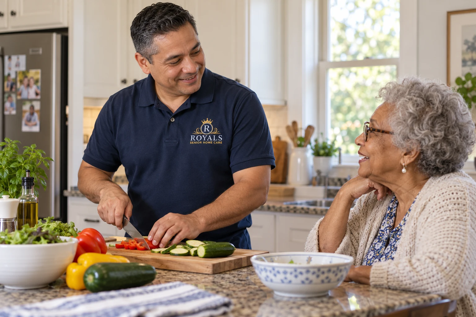 A caregiver preparing fresh vegetables while an older woman chats at the kitchen counter