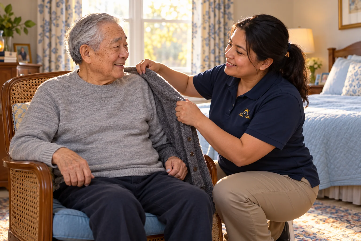 A caregiver offering an older man his cardigan as he gets ready at home